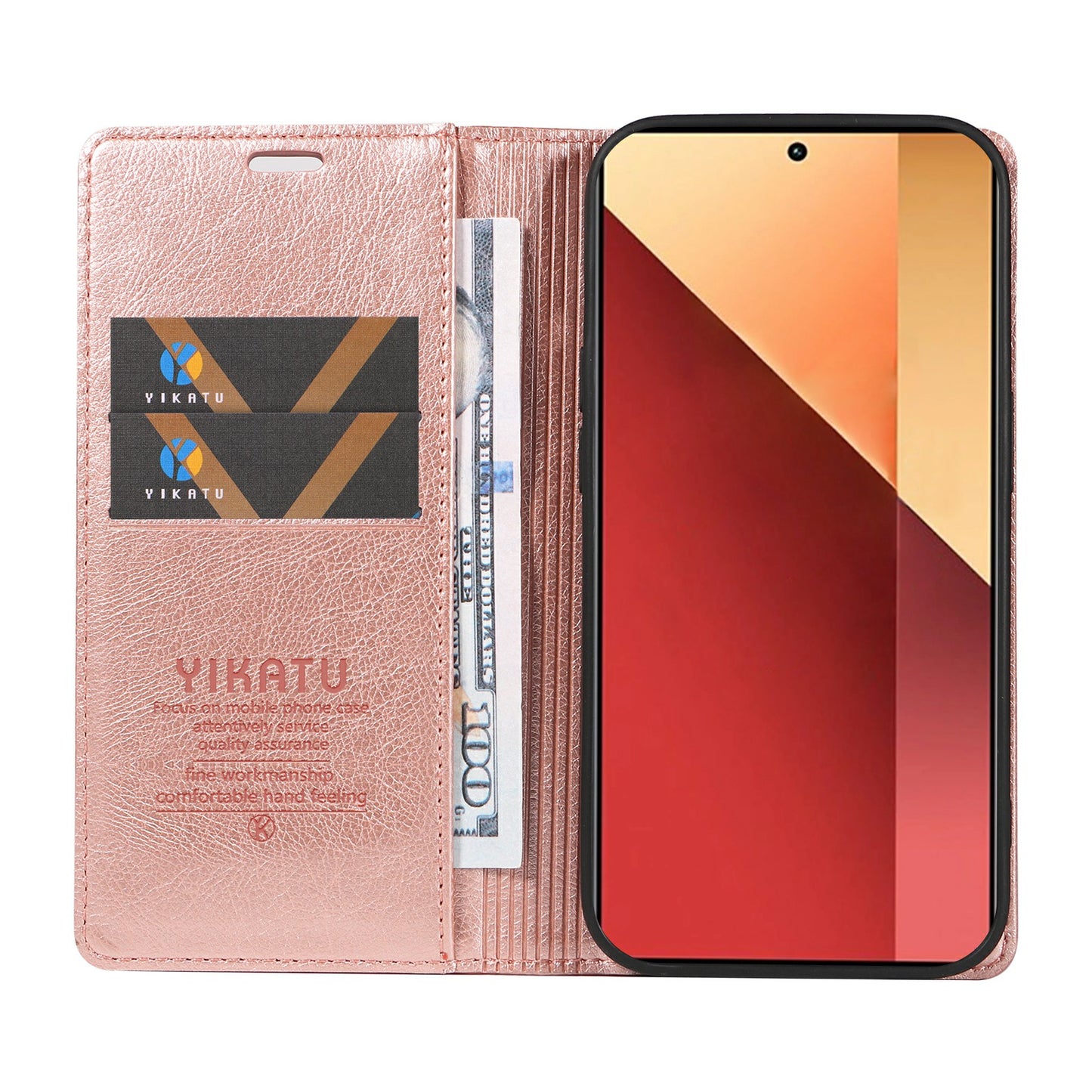 YIKATU YK-006 For Xiaomi Redmi Note 13 Pro 4G / Poco M6 Pro 4G Case Flip Wallet Phone Cover Litchi Texture - Rose Gold