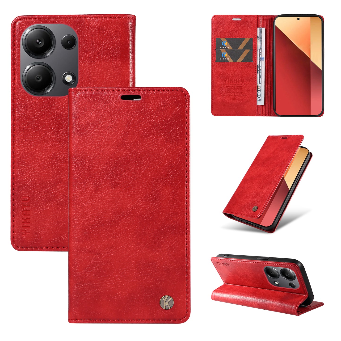 YIKATU YK-006 For Xiaomi Redmi Note 13 Pro 4G / Poco M6 Pro 4G Case Flip Wallet Phone Cover Litchi Texture - Red