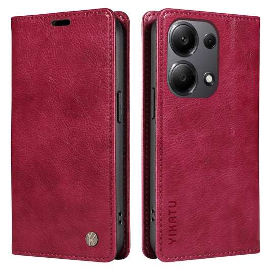 YIKATU YK-006 For Xiaomi Redmi Note 13 Pro 4G / Poco M6 Pro 4G Case Flip Wallet Phone Cover Litchi Texture - Wine Red