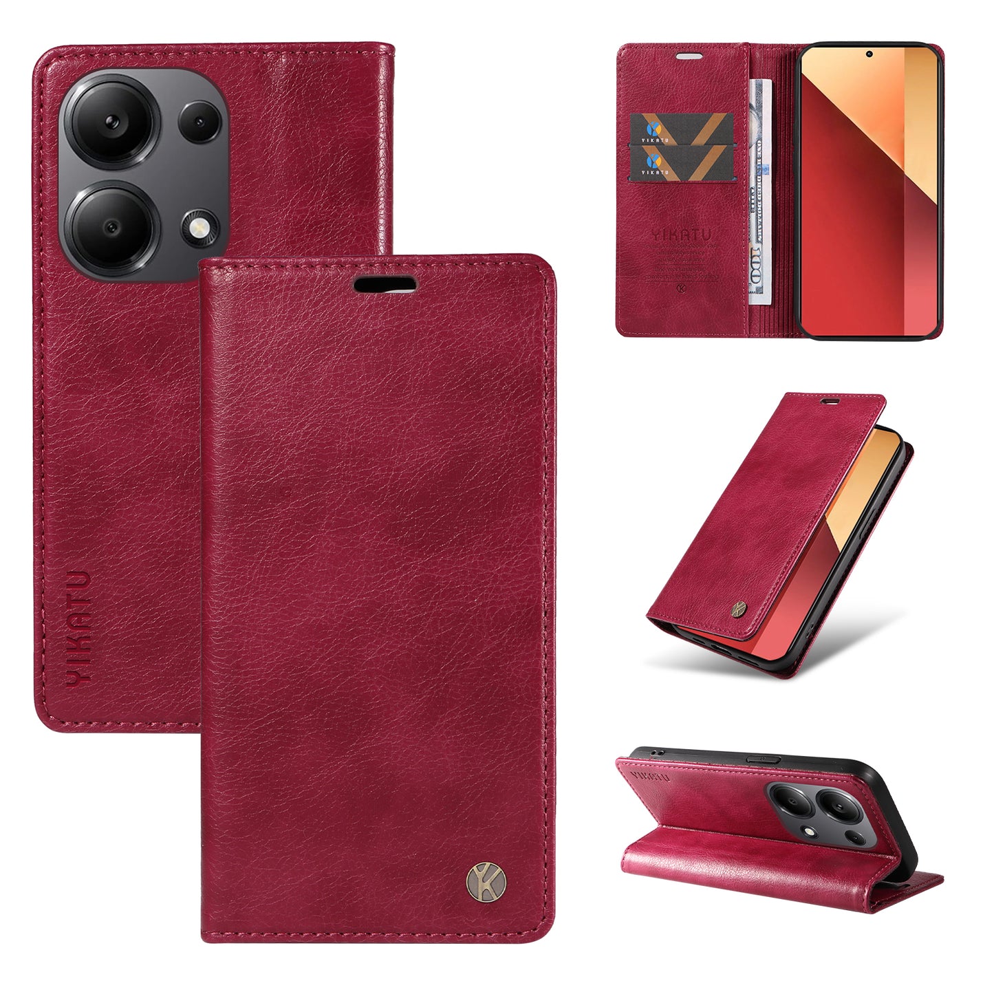 YIKATU YK-006 For Xiaomi Redmi Note 13 Pro 4G / Poco M6 Pro 4G Case Flip Wallet Phone Cover Litchi Texture - Wine Red