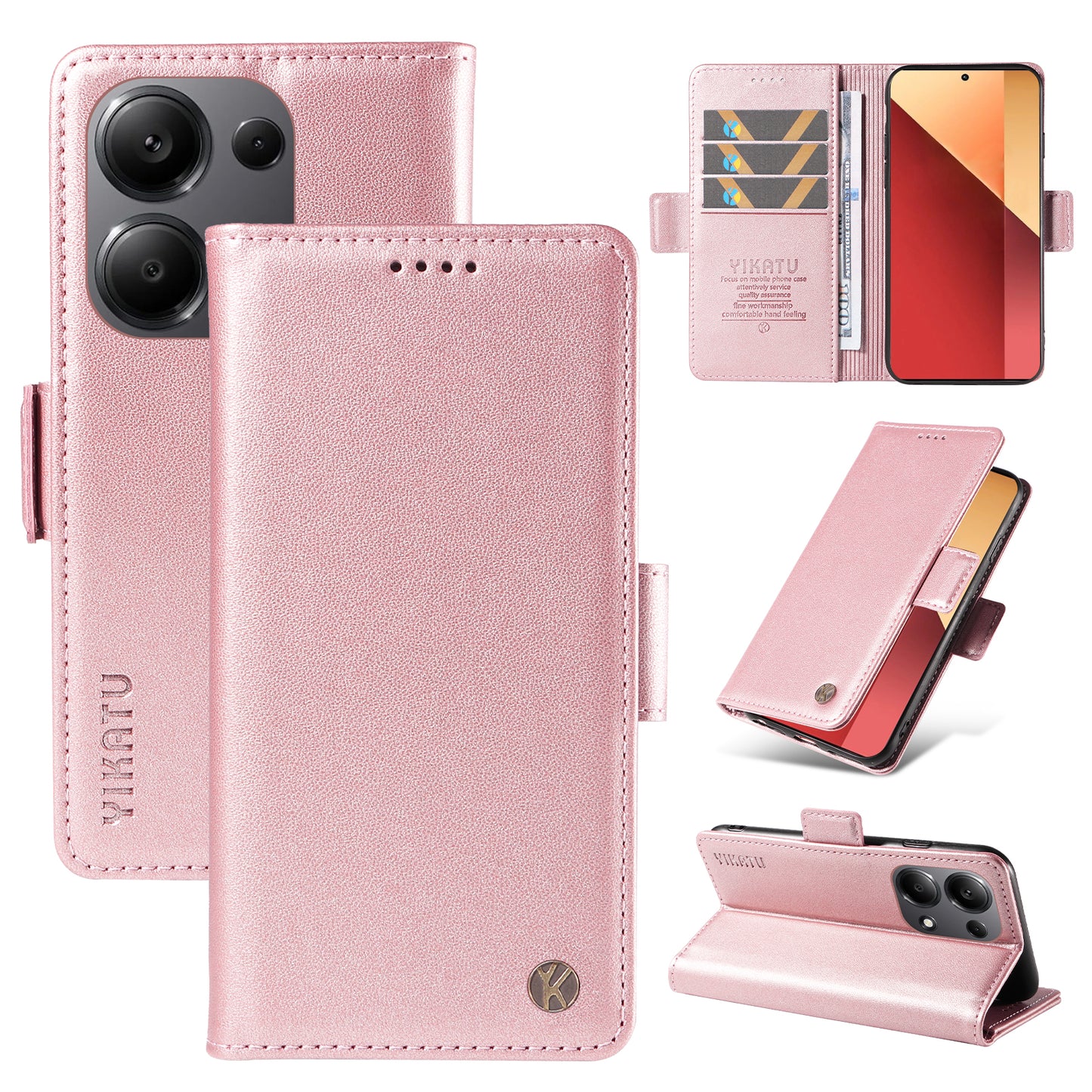 YIKATU YK-003 For Xiaomi Redmi Note 13 Pro 4G / Poco M6 Pro 4G Phone Case Stand Magnetic Protect Cover - Rose Gold