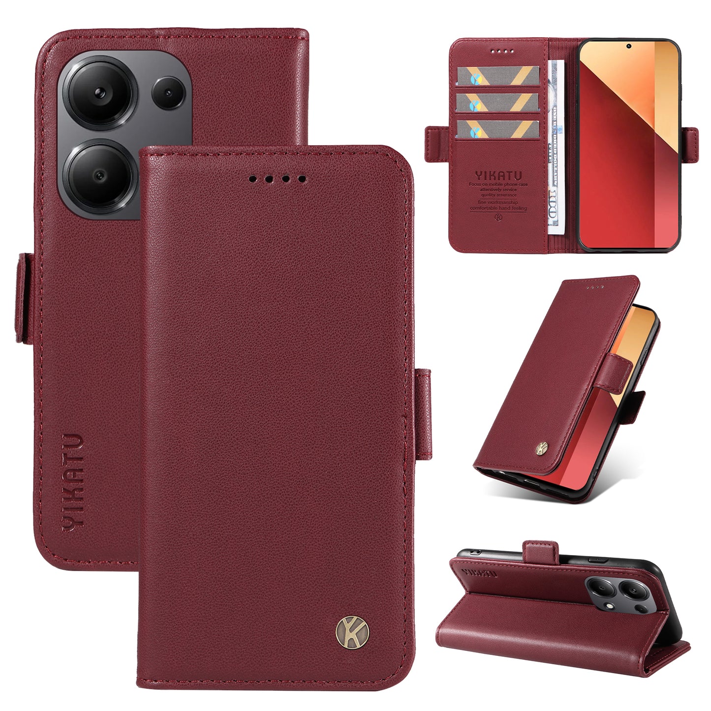 YIKATU YK-003 For Xiaomi Redmi Note 13 Pro 4G / Poco M6 Pro 4G Phone Case Stand Magnetic Protect Cover - Wine Red