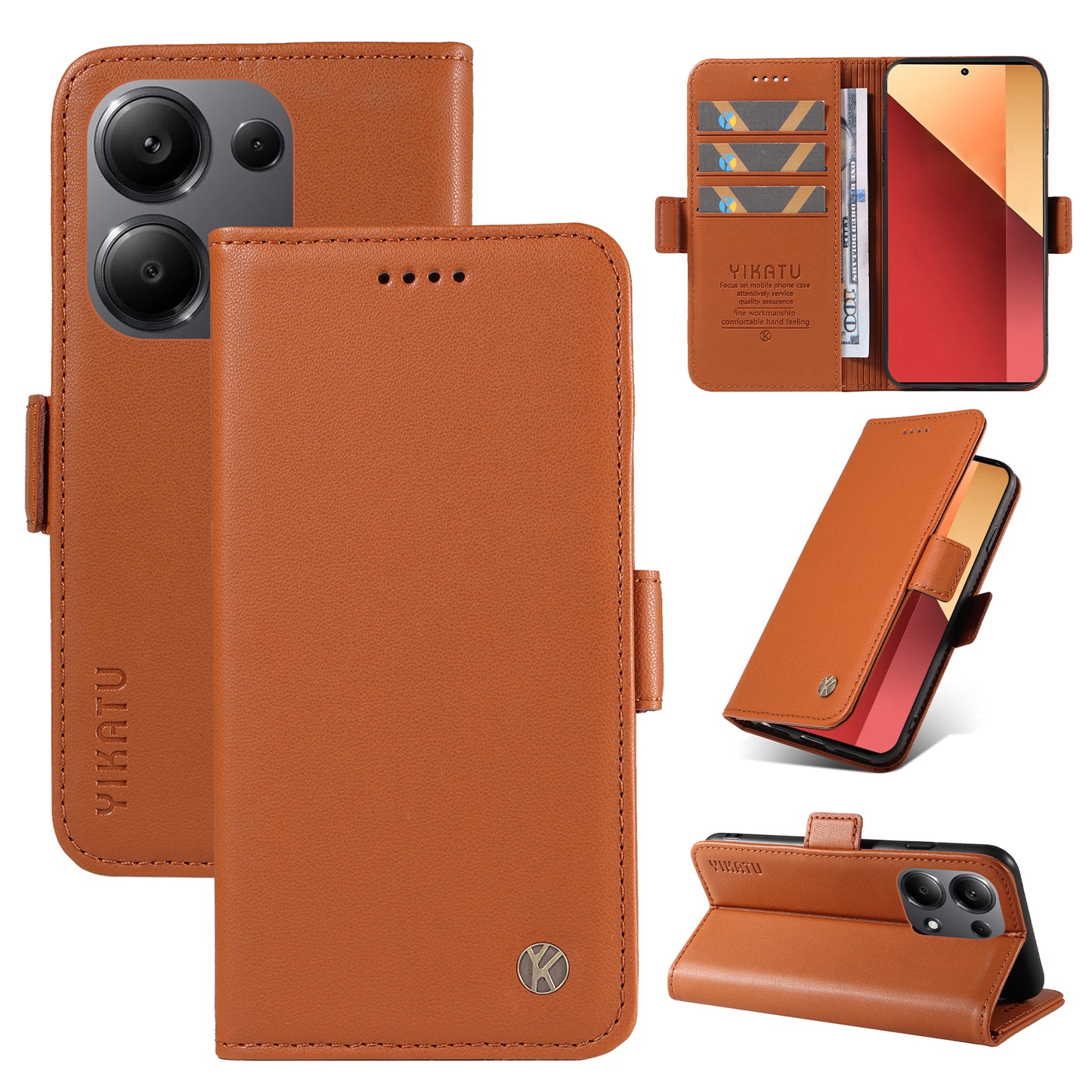YIKATU YK-003 For Xiaomi Redmi Note 13 Pro 4G / Poco M6 Pro 4G Phone Case Stand Magnetic Protect Cover - Brown