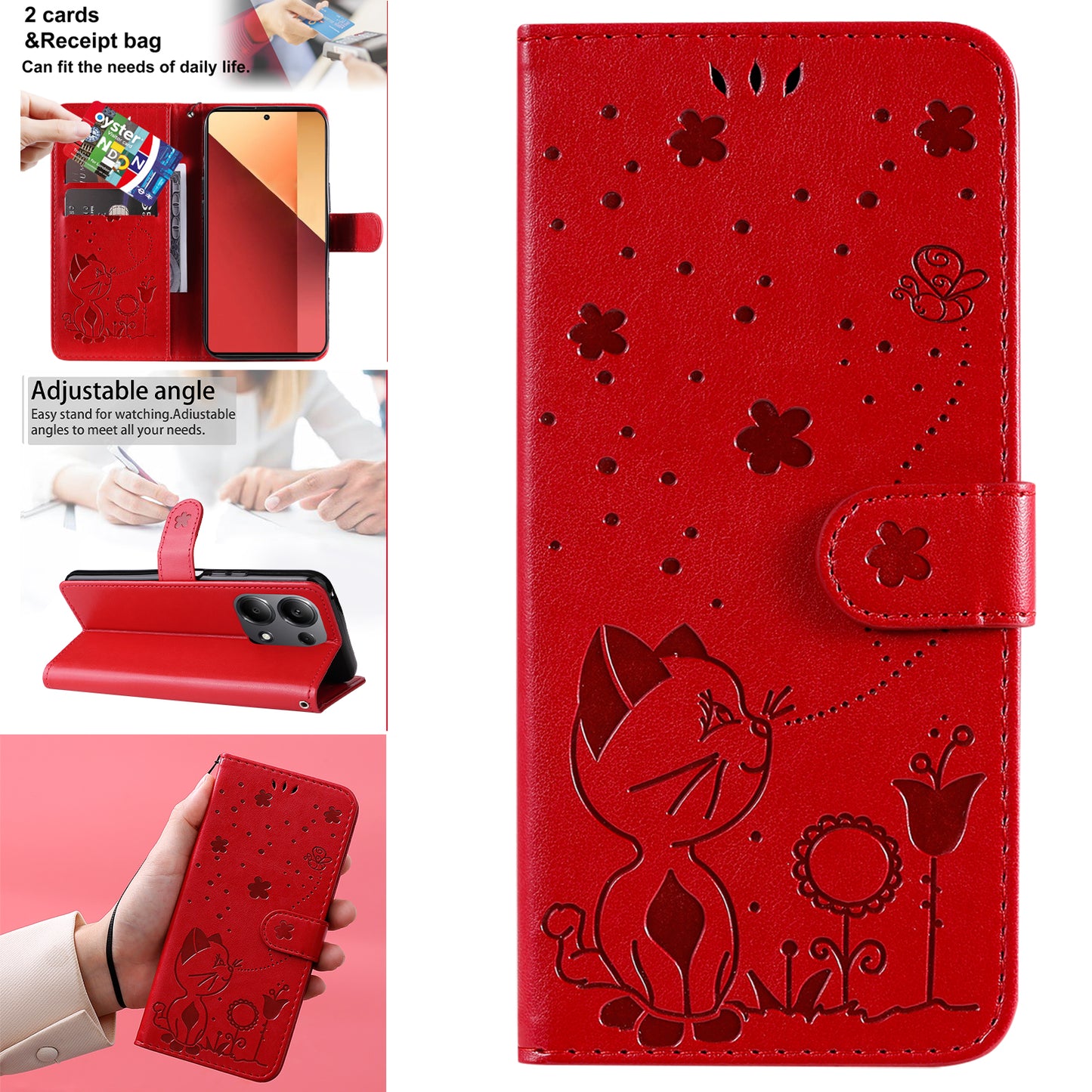 KT Imprinting Flower Series-4 For Xiaomi Redmi Note 13 Pro 4G / Poco M6 Pro 4G Phone Case with Cat Bee Pattern - Red