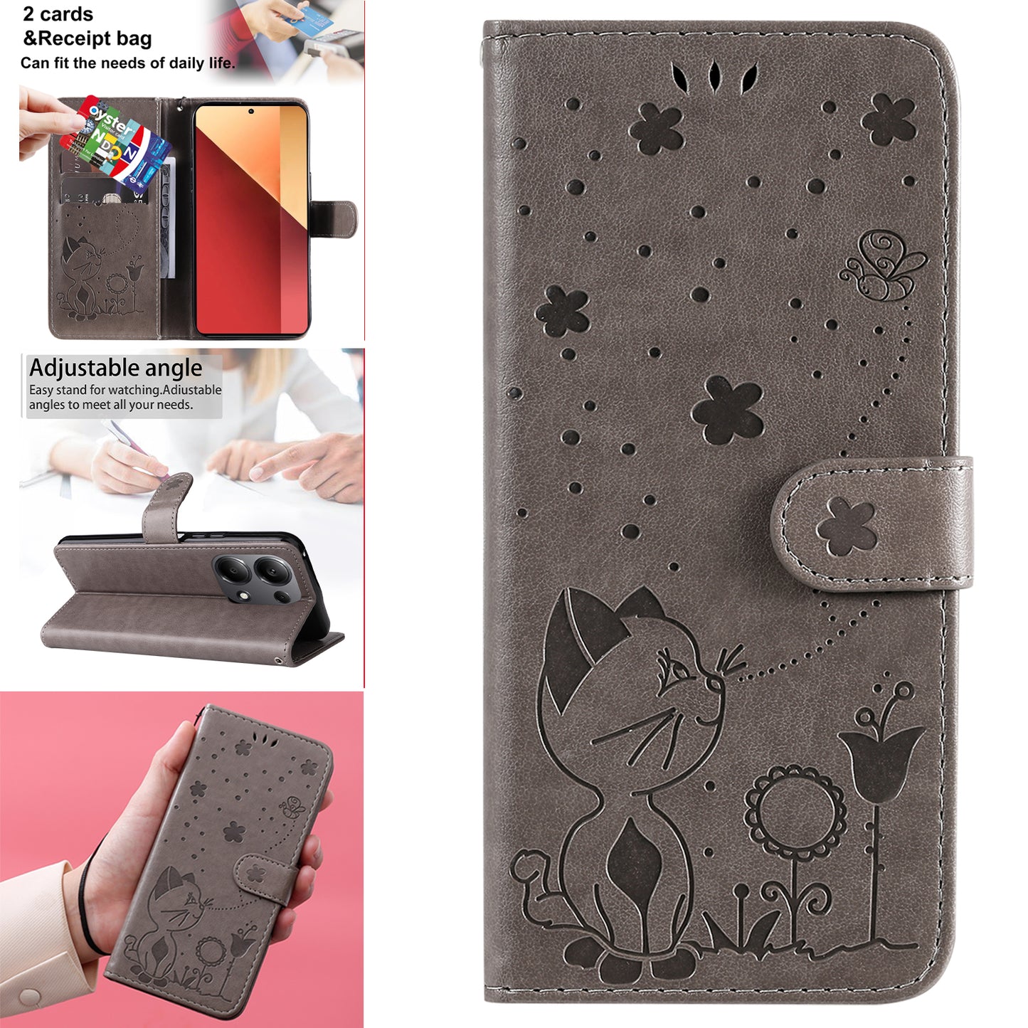 KT Imprinting Flower Series-4 For Xiaomi Redmi Note 13 Pro 4G / Poco M6 Pro 4G Phone Case with Cat Bee Pattern - Grey