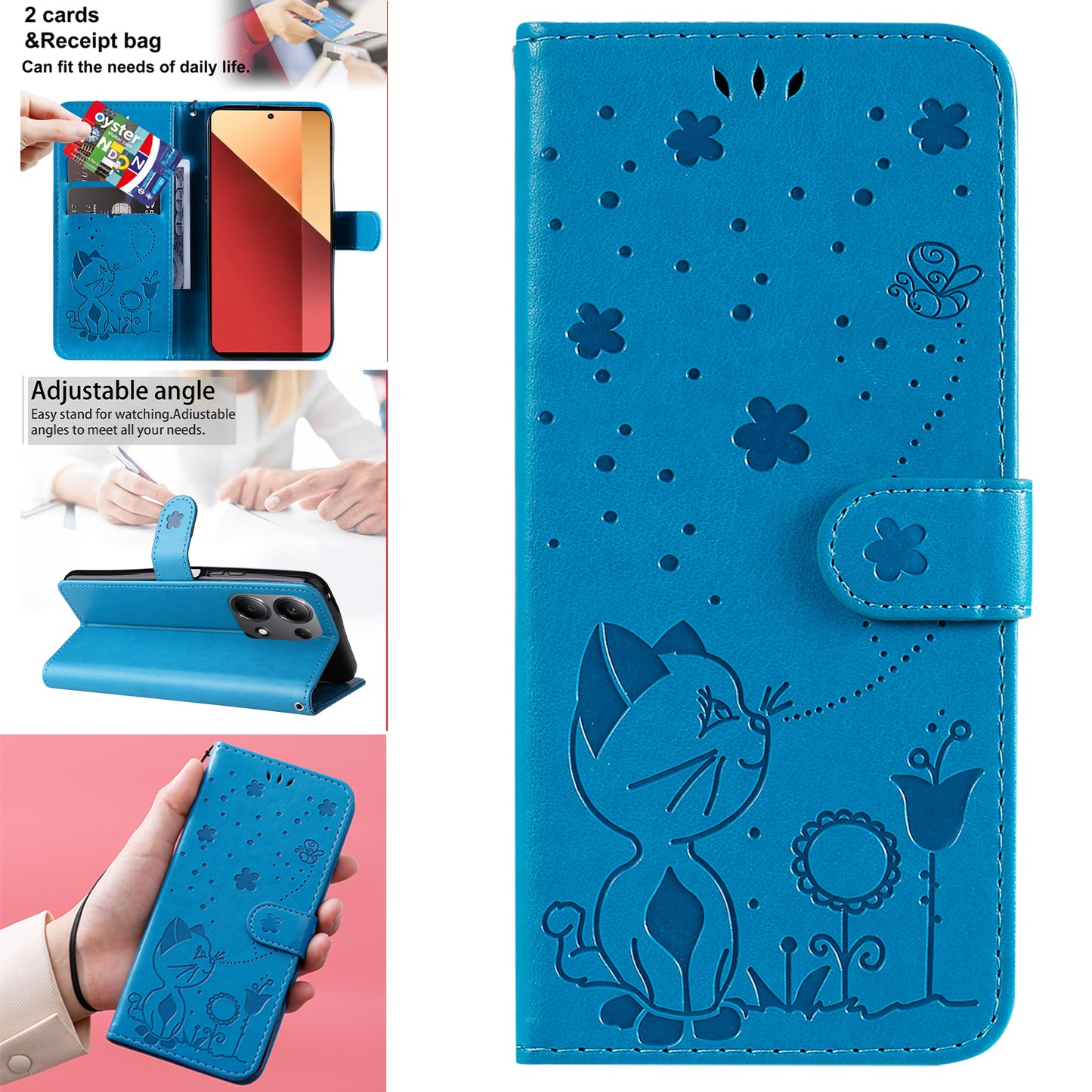 KT Imprinting Flower Series-4 For Xiaomi Redmi Note 13 Pro 4G / Poco M6 Pro 4G Phone Case with Cat Bee Pattern - Blue