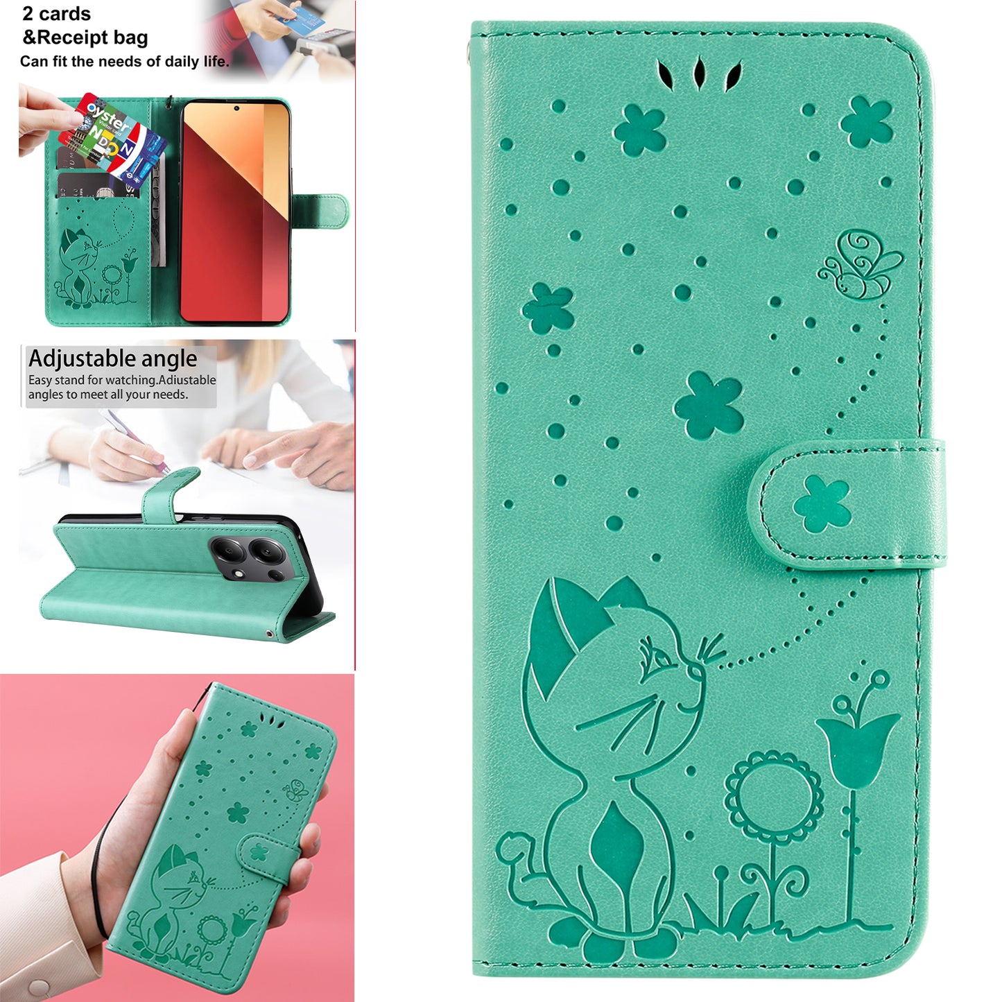KT Imprinting Flower Series-4 For Xiaomi Redmi Note 13 Pro 4G / Poco M6 Pro 4G Phone Case with Cat Bee Pattern - Green