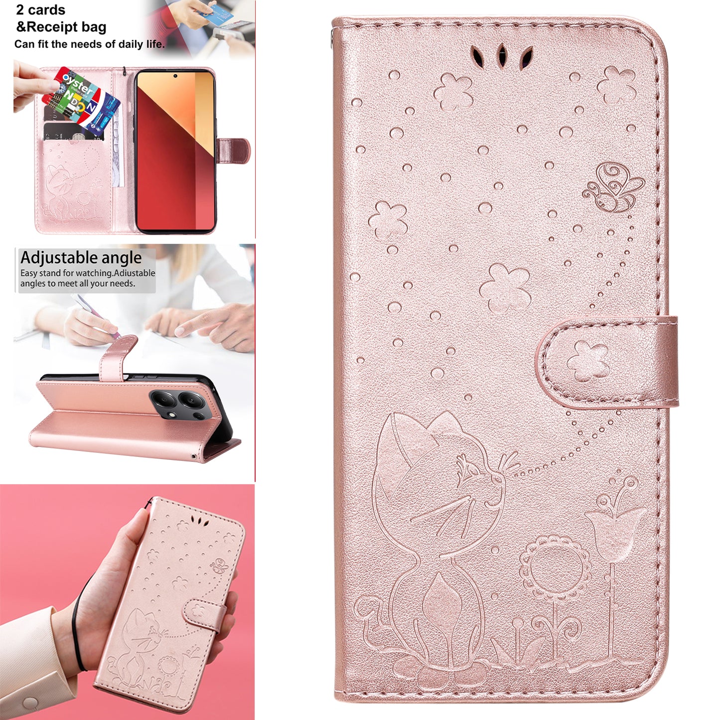 KT Imprinting Flower Series-4 For Xiaomi Redmi Note 13 Pro 4G / Poco M6 Pro 4G Phone Case with Cat Bee Pattern - Rose Gold