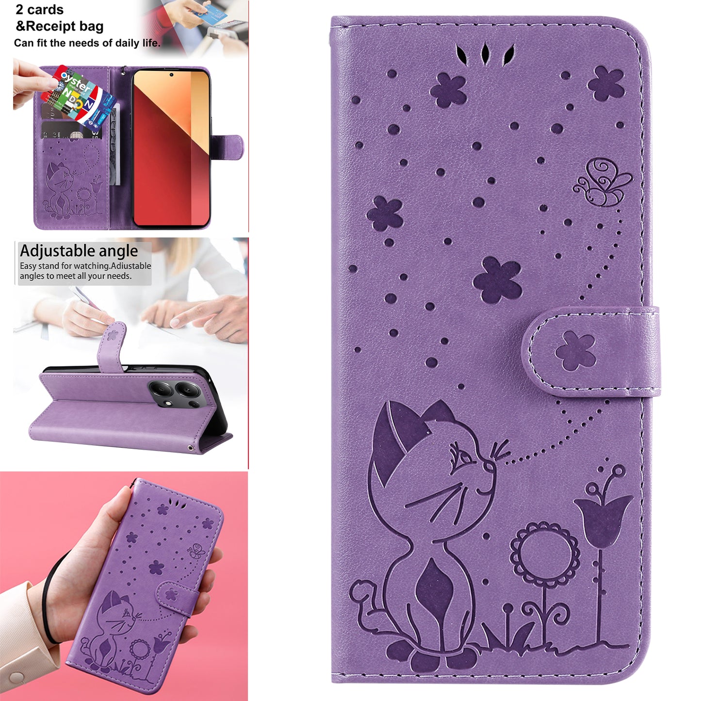 KT Imprinting Flower Series-4 For Xiaomi Redmi Note 13 Pro 4G / Poco M6 Pro 4G Phone Case with Cat Bee Pattern - Purple