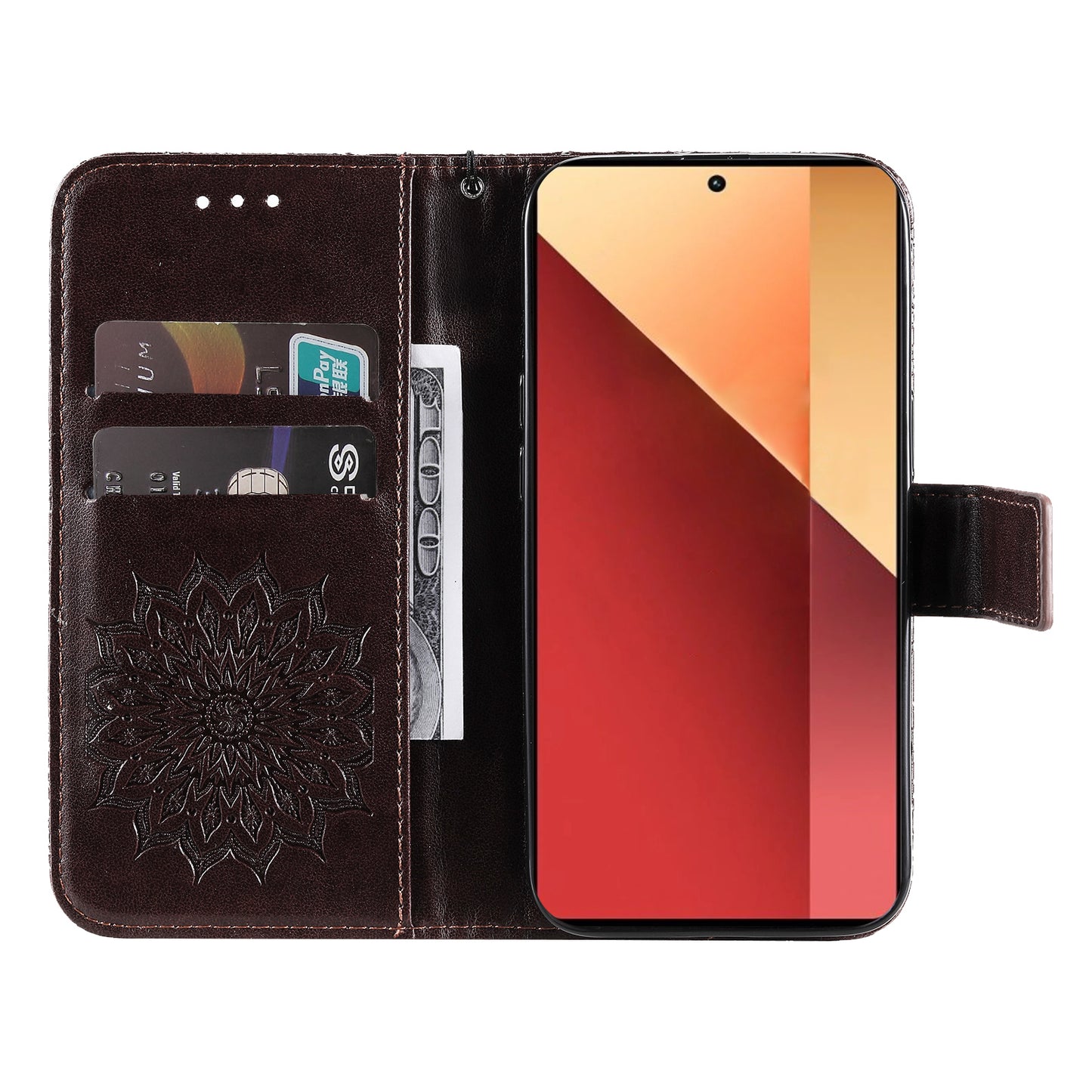 KT Imprinting Flower Series-1 For Xiaomi Redmi Note 13 Pro 4G / Poco M6 Pro 4G Case Sunflower Stand Cover - Brown
