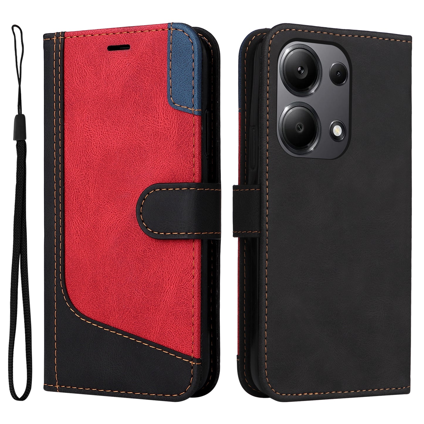 For Xiaomi Redmi Note 13 Pro 4G / Poco M6 Pro 4G Phone Case Three-color Splicing Stand Cover - Black