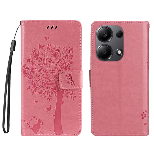 KT Imprinting Flower Series-3 For Xiaomi Redmi Note 13 Pro 4G / Poco M6 Pro 4G Case Cat Tree Pattern Wallet Cover - Pink
