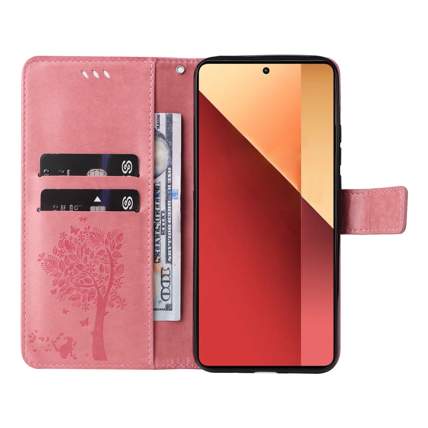 KT Imprinting Flower Series-3 For Xiaomi Redmi Note 13 Pro 4G / Poco M6 Pro 4G Case Cat Tree Pattern Wallet Cover - Pink