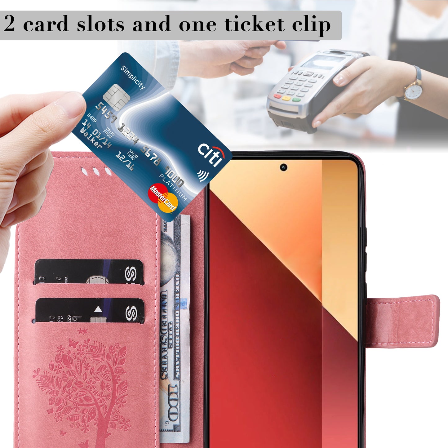 KT Imprinting Flower Series-3 For Xiaomi Redmi Note 13 Pro 4G / Poco M6 Pro 4G Case Cat Tree Pattern Wallet Cover - Pink