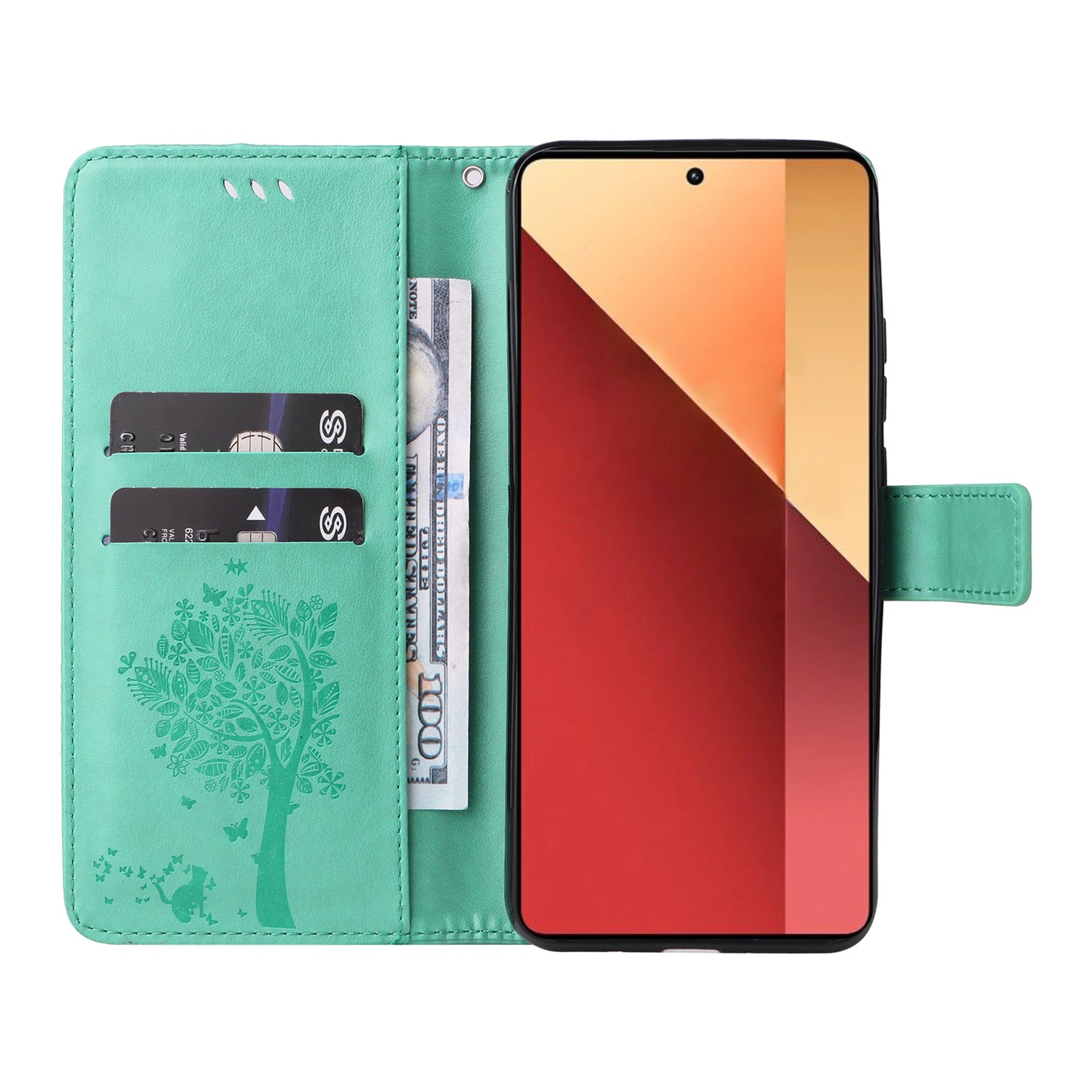 KT Imprinting Flower Series-3 For Xiaomi Redmi Note 13 Pro 4G / Poco M6 Pro 4G Case Cat Tree Pattern Wallet Cover - Green