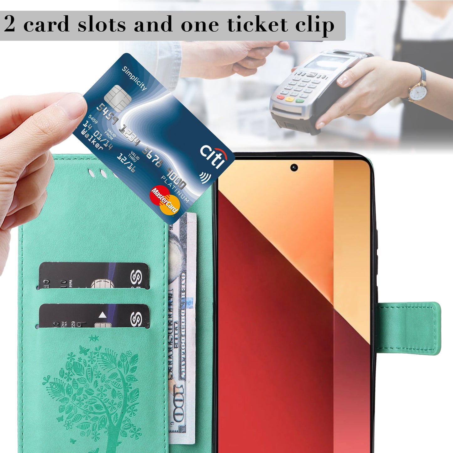 KT Imprinting Flower Series-3 For Xiaomi Redmi Note 13 Pro 4G / Poco M6 Pro 4G Case Cat Tree Pattern Wallet Cover - Green