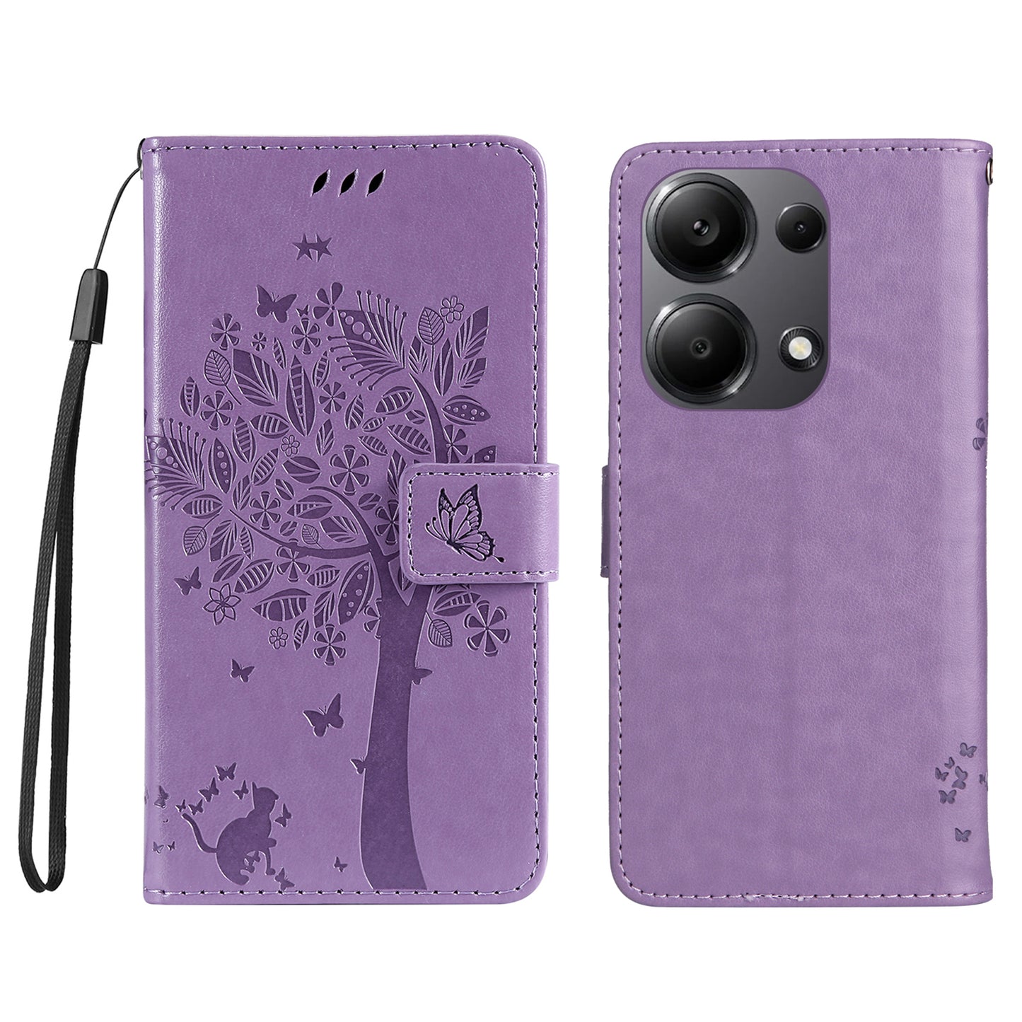 KT Imprinting Flower Series-3 For Xiaomi Redmi Note 13 Pro 4G / Poco M6 Pro 4G Case Cat Tree Pattern Wallet Cover - Light Purple