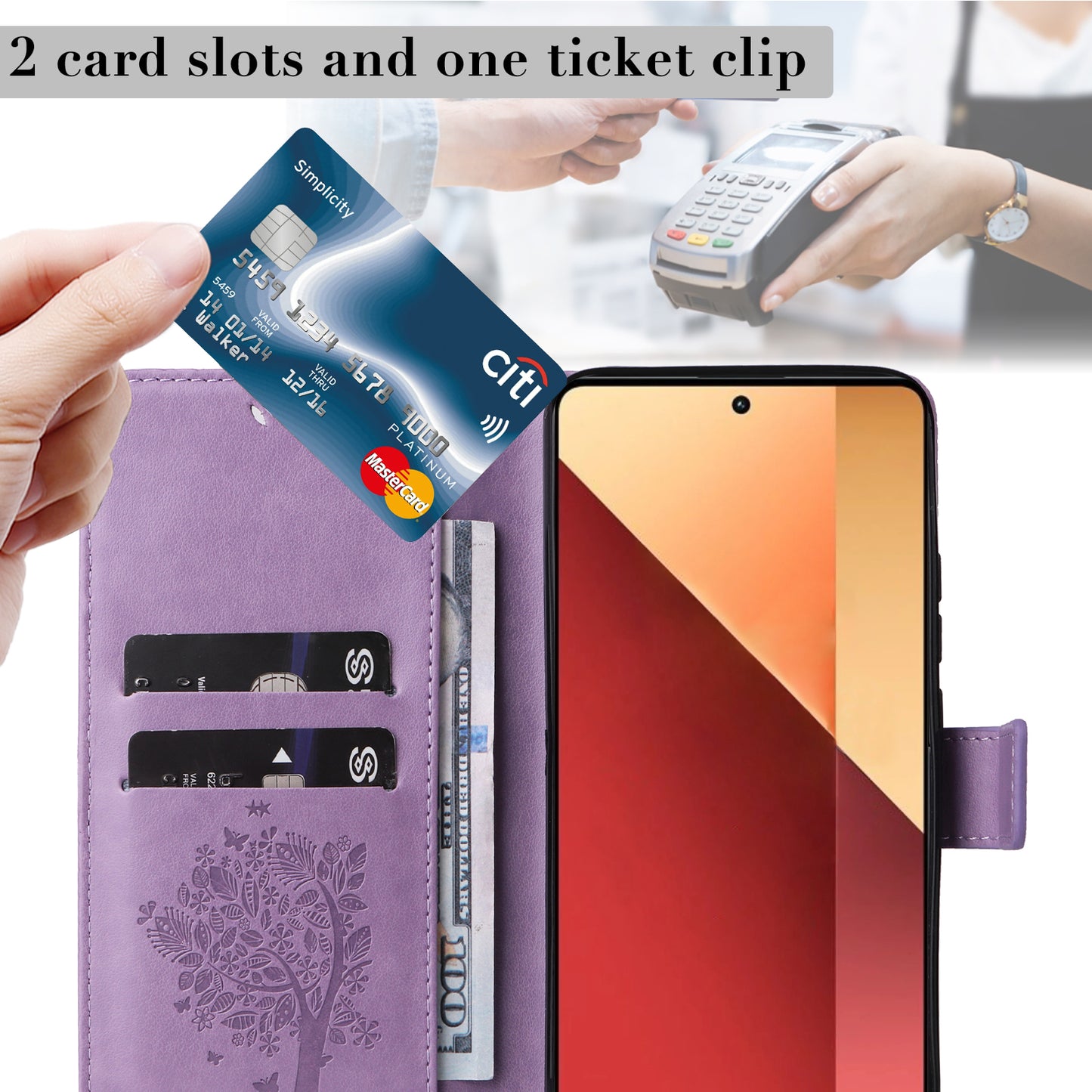 KT Imprinting Flower Series-3 For Xiaomi Redmi Note 13 Pro 4G / Poco M6 Pro 4G Case Cat Tree Pattern Wallet Cover - Light Purple