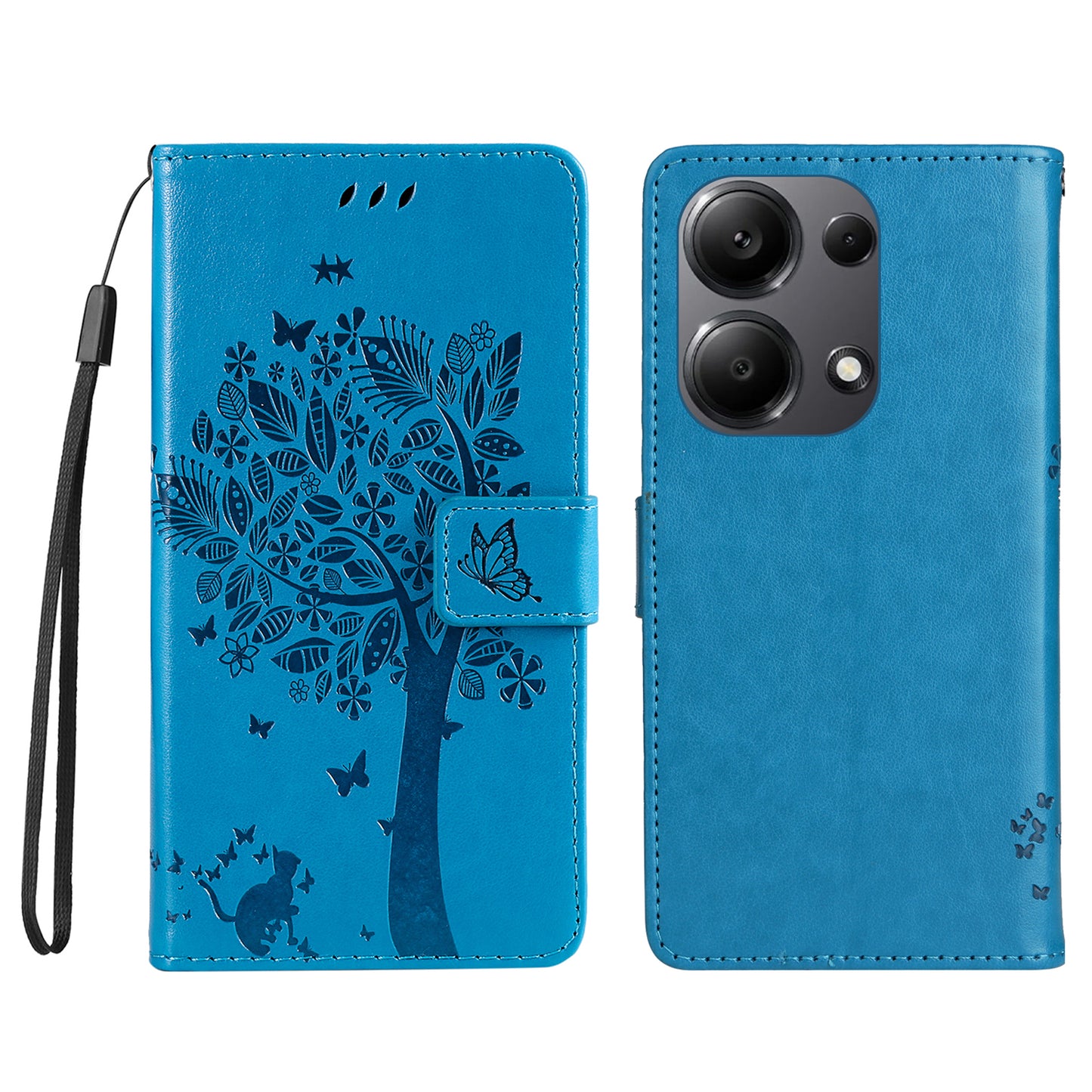 KT Imprinting Flower Series-3 For Xiaomi Redmi Note 13 Pro 4G / Poco M6 Pro 4G Case Cat Tree Pattern Wallet Cover - Blue