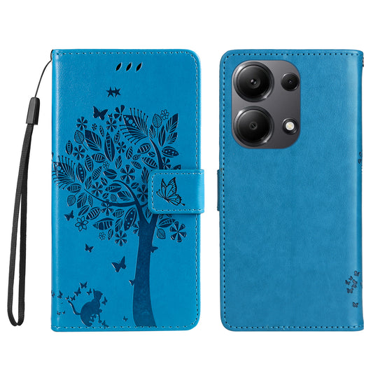 KT Imprinting Flower Series-3 For Xiaomi Redmi Note 13 Pro 4G / Poco M6 Pro 4G Case Cat Tree Pattern Wallet Cover - Blue