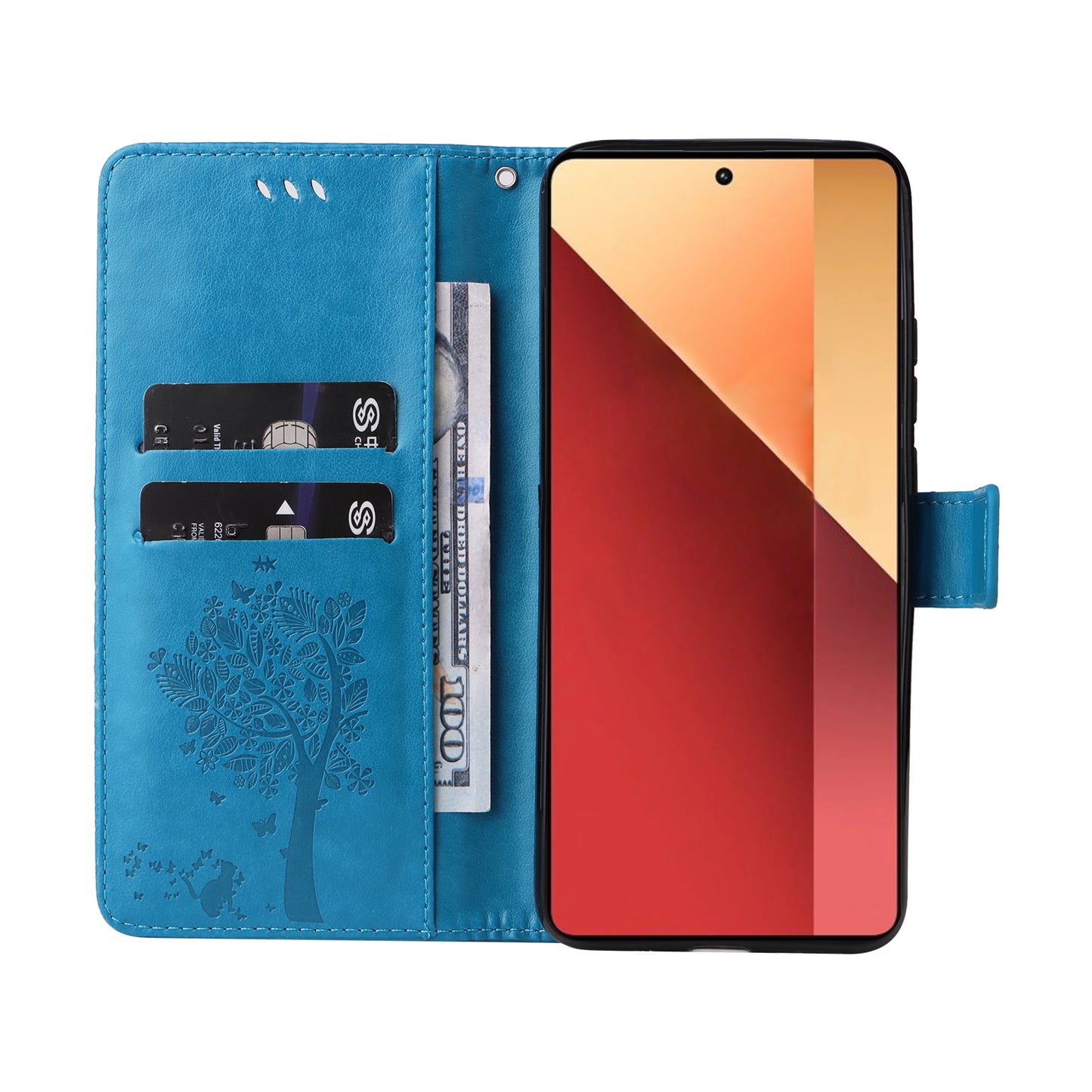 KT Imprinting Flower Series-3 For Xiaomi Redmi Note 13 Pro 4G / Poco M6 Pro 4G Case Cat Tree Pattern Wallet Cover - Blue