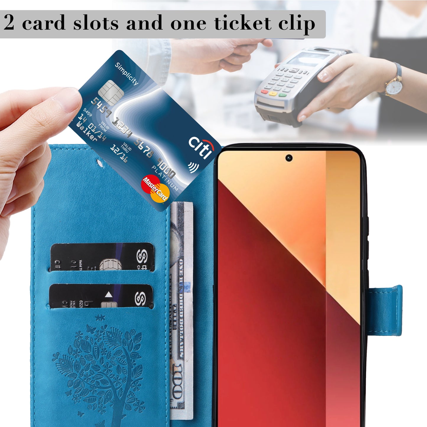 KT Imprinting Flower Series-3 For Xiaomi Redmi Note 13 Pro 4G / Poco M6 Pro 4G Case Cat Tree Pattern Wallet Cover - Blue