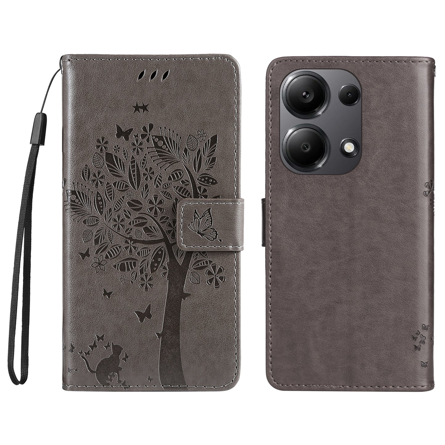KT Imprinting Flower Series-3 For Xiaomi Redmi Note 13 Pro 4G / Poco M6 Pro 4G Case Cat Tree Pattern Wallet Cover - Grey