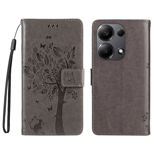 KT Imprinting Flower Series-3 For Xiaomi Redmi Note 13 Pro 4G / Poco M6 Pro 4G Case Cat Tree Pattern Wallet Cover - Grey