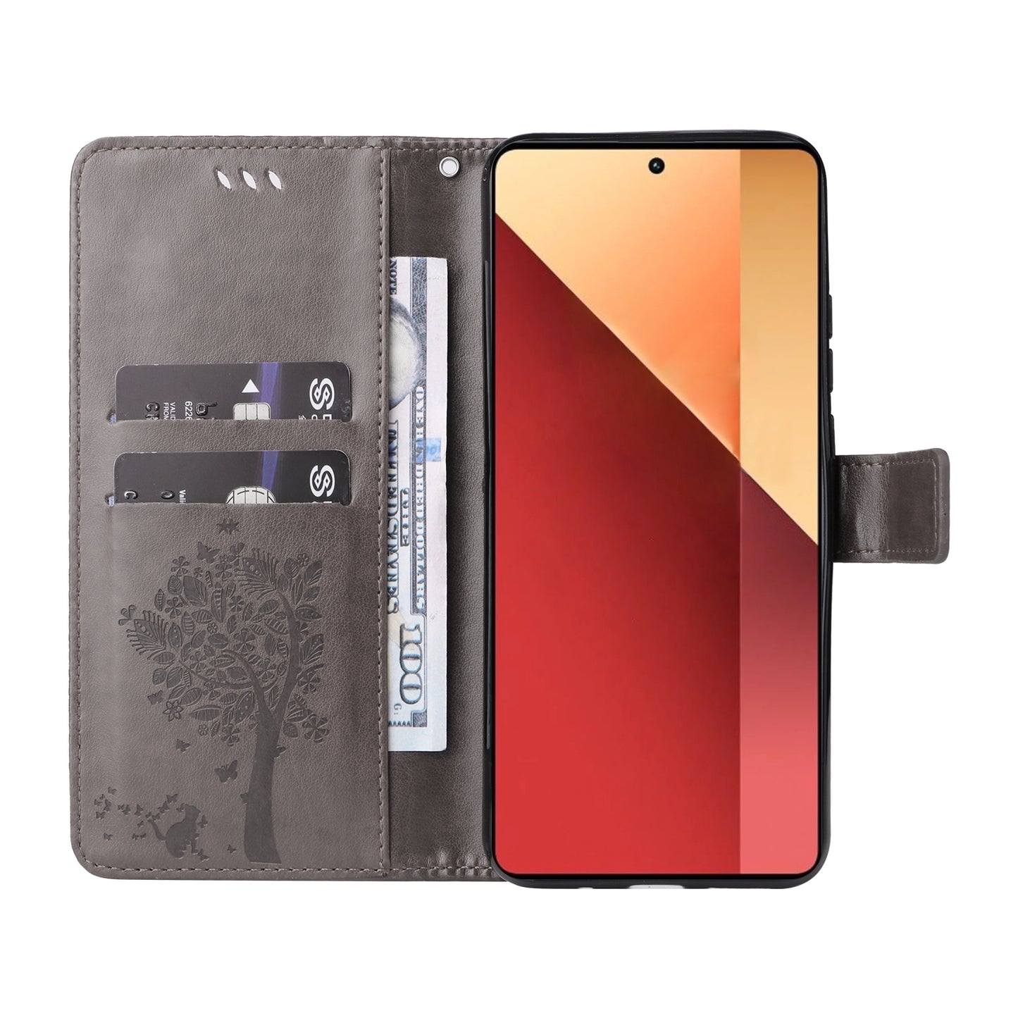 KT Imprinting Flower Series-3 For Xiaomi Redmi Note 13 Pro 4G / Poco M6 Pro 4G Case Cat Tree Pattern Wallet Cover - Grey