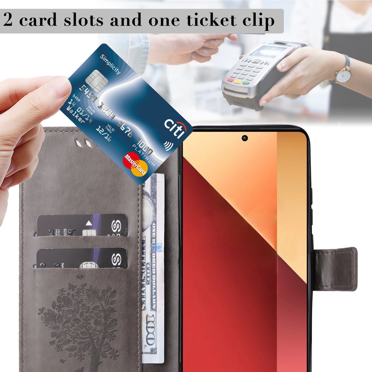 KT Imprinting Flower Series-3 For Xiaomi Redmi Note 13 Pro 4G / Poco M6 Pro 4G Case Cat Tree Pattern Wallet Cover - Grey