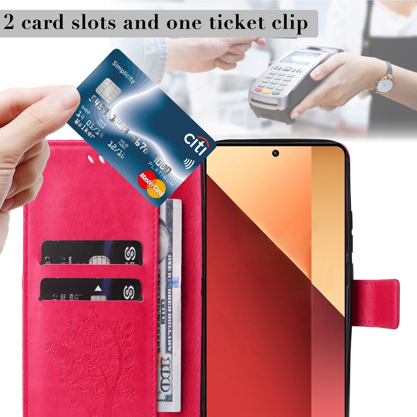 KT Imprinting Flower Series-3 For Xiaomi Redmi Note 13 Pro 4G / Poco M6 Pro 4G Case Cat Tree Pattern Wallet Cover - Rose