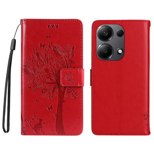 KT Imprinting Flower Series-3 For Xiaomi Redmi Note 13 Pro 4G / Poco M6 Pro 4G Case Cat Tree Pattern Wallet Cover - Red