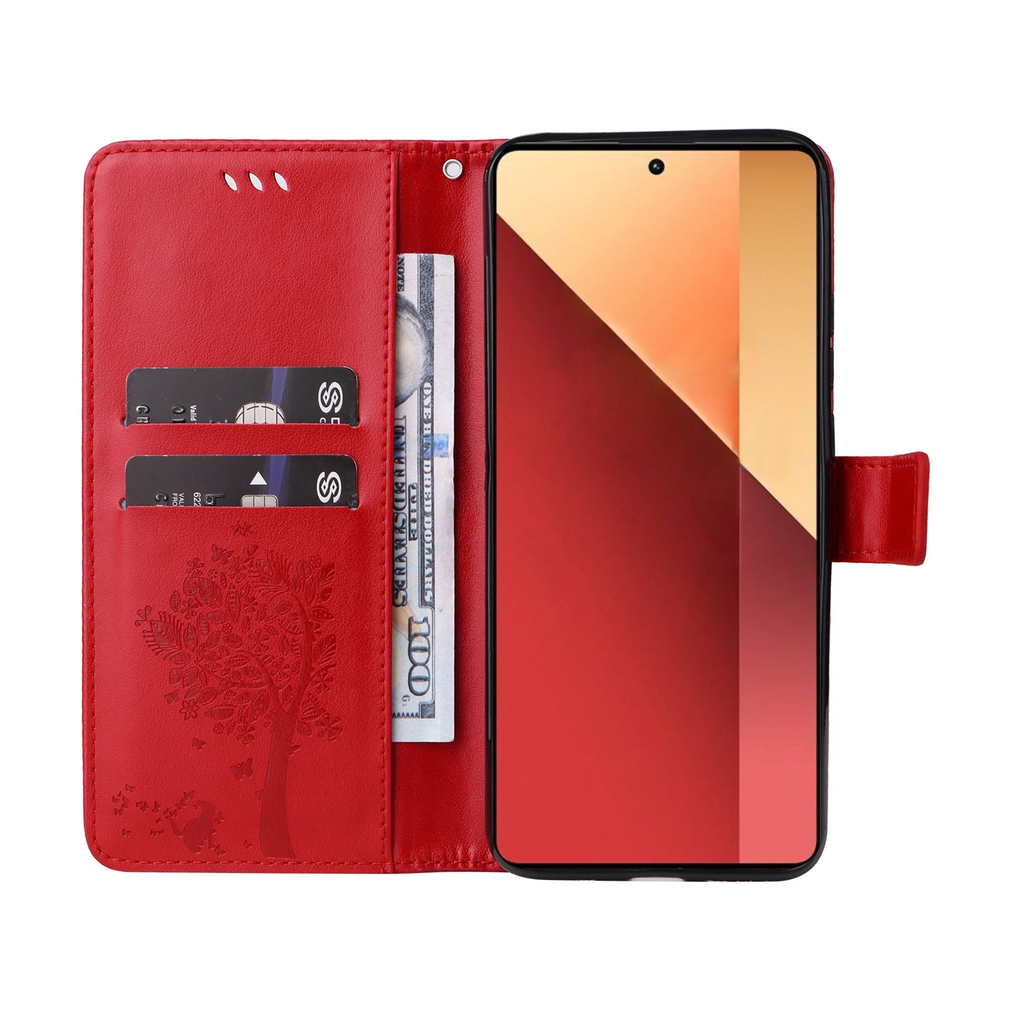 KT Imprinting Flower Series-3 For Xiaomi Redmi Note 13 Pro 4G / Poco M6 Pro 4G Case Cat Tree Pattern Wallet Cover - Red