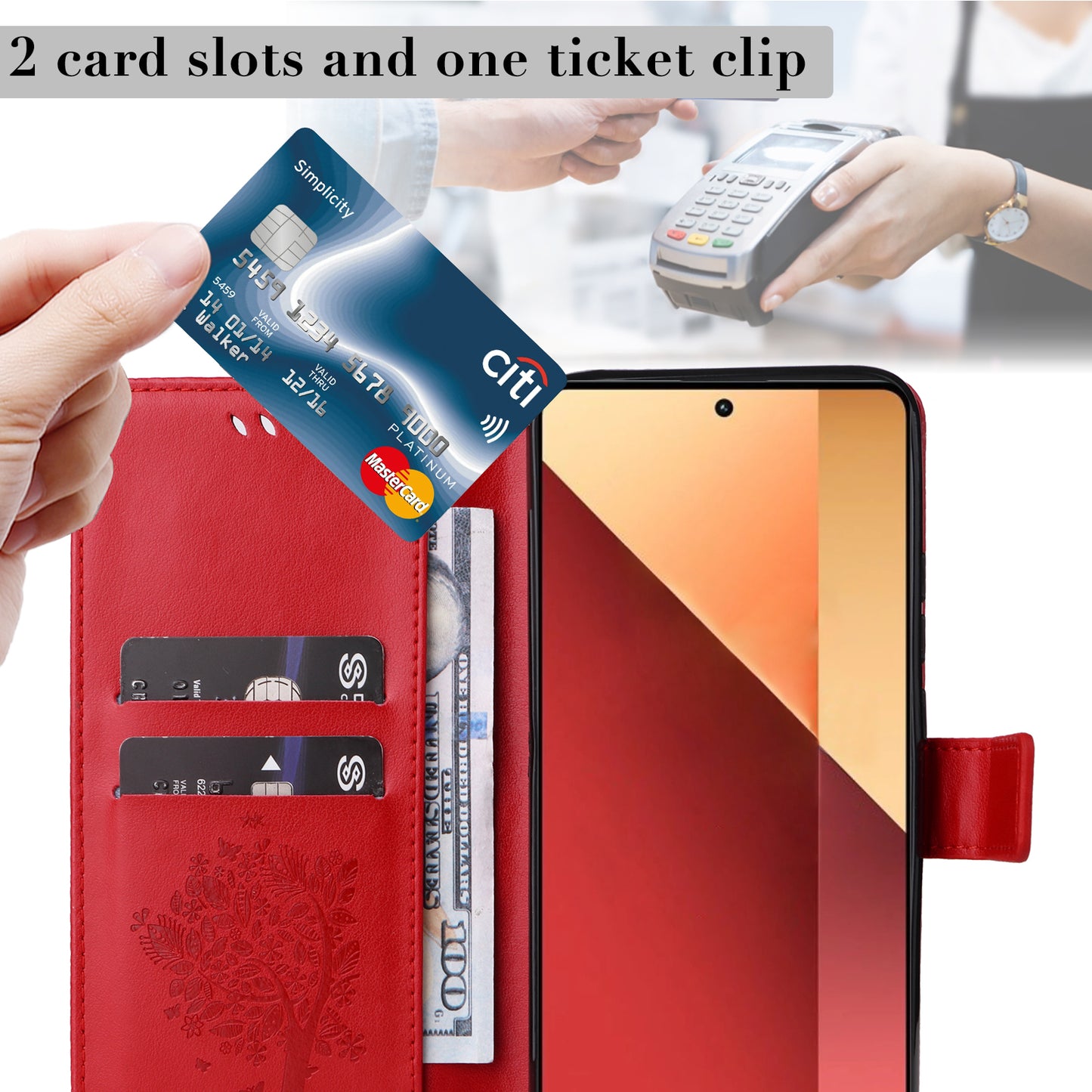 KT Imprinting Flower Series-3 For Xiaomi Redmi Note 13 Pro 4G / Poco M6 Pro 4G Case Cat Tree Pattern Wallet Cover - Red