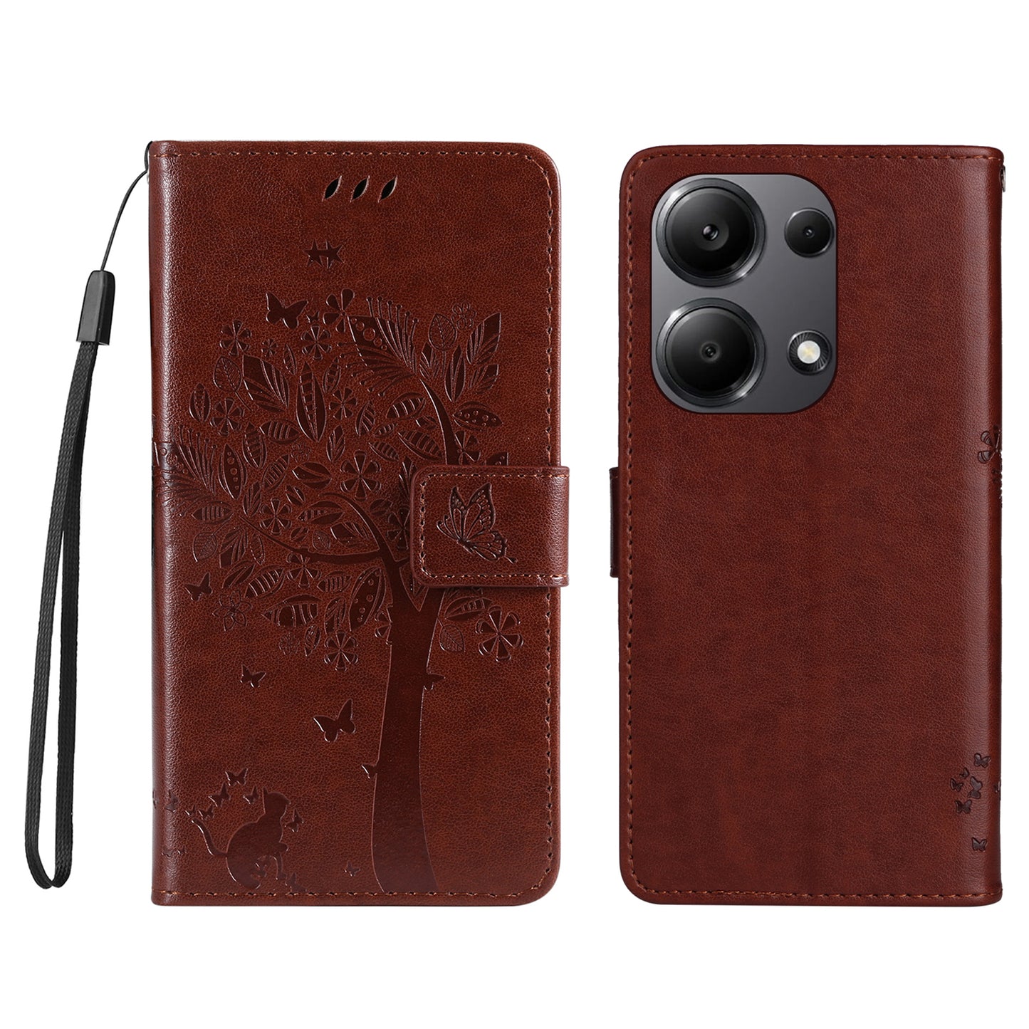 KT Imprinting Flower Series-3 For Xiaomi Redmi Note 13 Pro 4G / Poco M6 Pro 4G Case Cat Tree Pattern Wallet Cover - Coffee