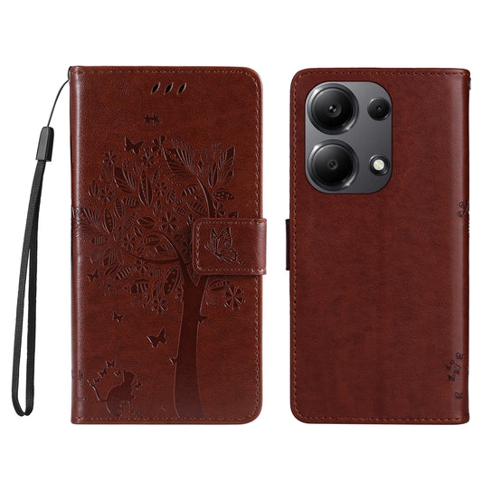 KT Imprinting Flower Series-3 For Xiaomi Redmi Note 13 Pro 4G / Poco M6 Pro 4G Case Cat Tree Pattern Wallet Cover - Coffee
