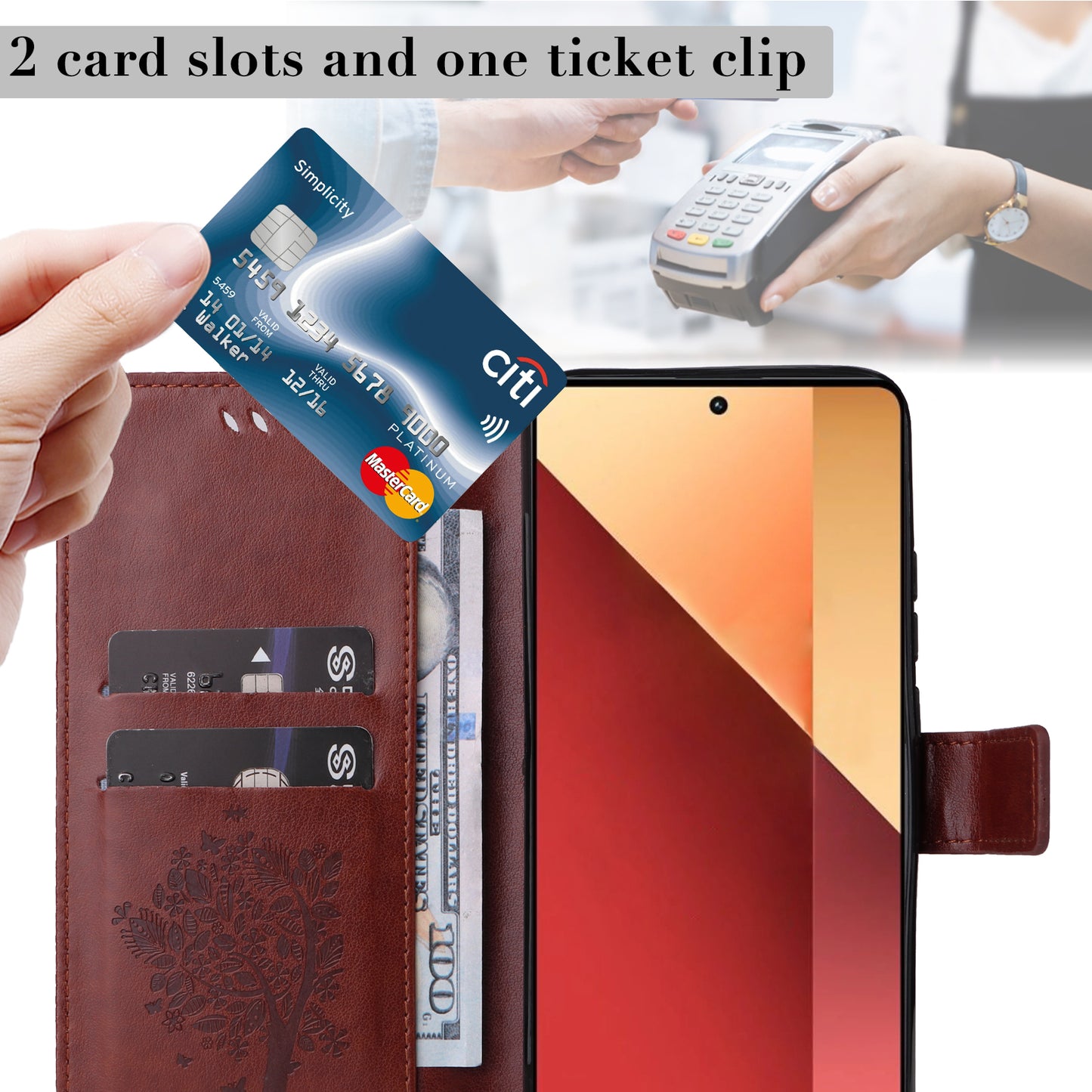 KT Imprinting Flower Series-3 For Xiaomi Redmi Note 13 Pro 4G / Poco M6 Pro 4G Case Cat Tree Pattern Wallet Cover - Coffee