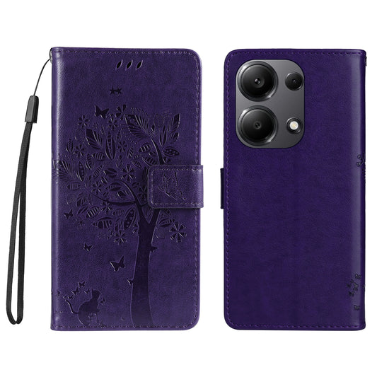 KT Imprinting Flower Series-3 For Xiaomi Redmi Note 13 Pro 4G / Poco M6 Pro 4G Case Cat Tree Pattern Wallet Cover - Dark Purple