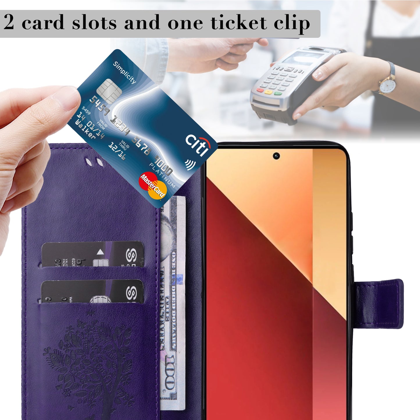 KT Imprinting Flower Series-3 For Xiaomi Redmi Note 13 Pro 4G / Poco M6 Pro 4G Case Cat Tree Pattern Wallet Cover - Dark Purple