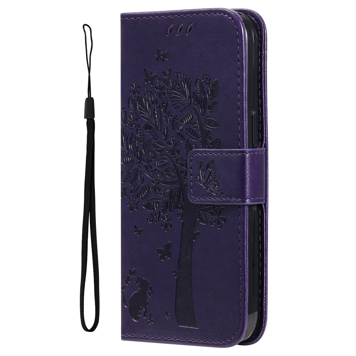 KT Imprinting Flower Series-3 For Xiaomi Redmi Note 13 Pro 4G / Poco M6 Pro 4G Case Cat Tree Pattern Wallet Cover - Dark Purple