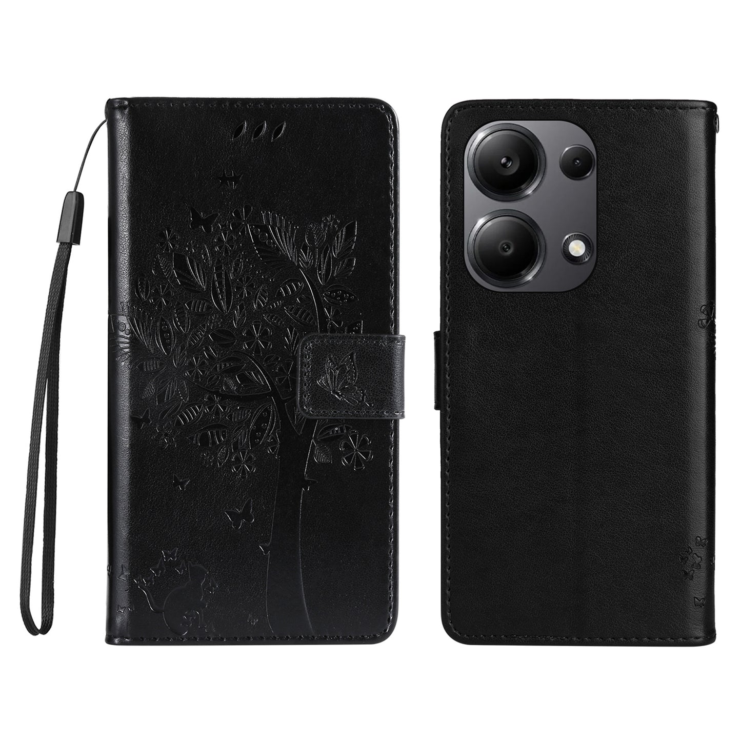KT Imprinting Flower Series-3 For Xiaomi Redmi Note 13 Pro 4G / Poco M6 Pro 4G Case Cat Tree Pattern Wallet Cover - Black
