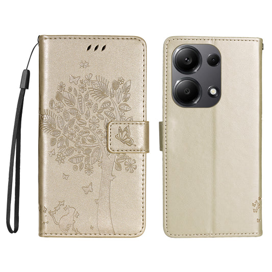 KT Imprinting Flower Series-3 For Xiaomi Redmi Note 13 Pro 4G / Poco M6 Pro 4G Case Cat Tree Pattern Wallet Cover - Gold