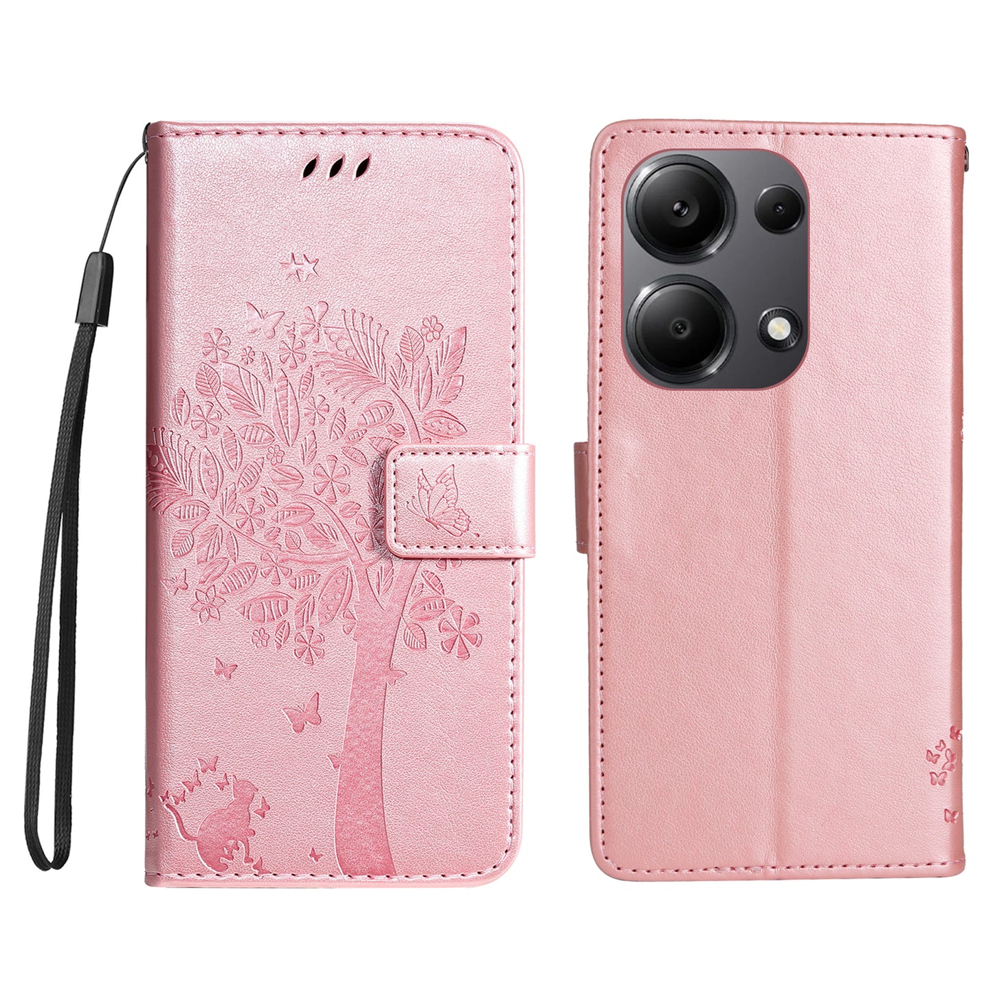 KT Imprinting Flower Series-3 For Xiaomi Redmi Note 13 Pro 4G / Poco M6 Pro 4G Case Cat Tree Pattern Wallet Cover - Rose Gold