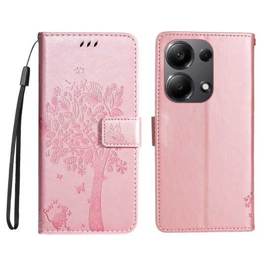 KT Imprinting Flower Series-3 For Xiaomi Redmi Note 13 Pro 4G / Poco M6 Pro 4G Case Cat Tree Pattern Wallet Cover - Rose Gold