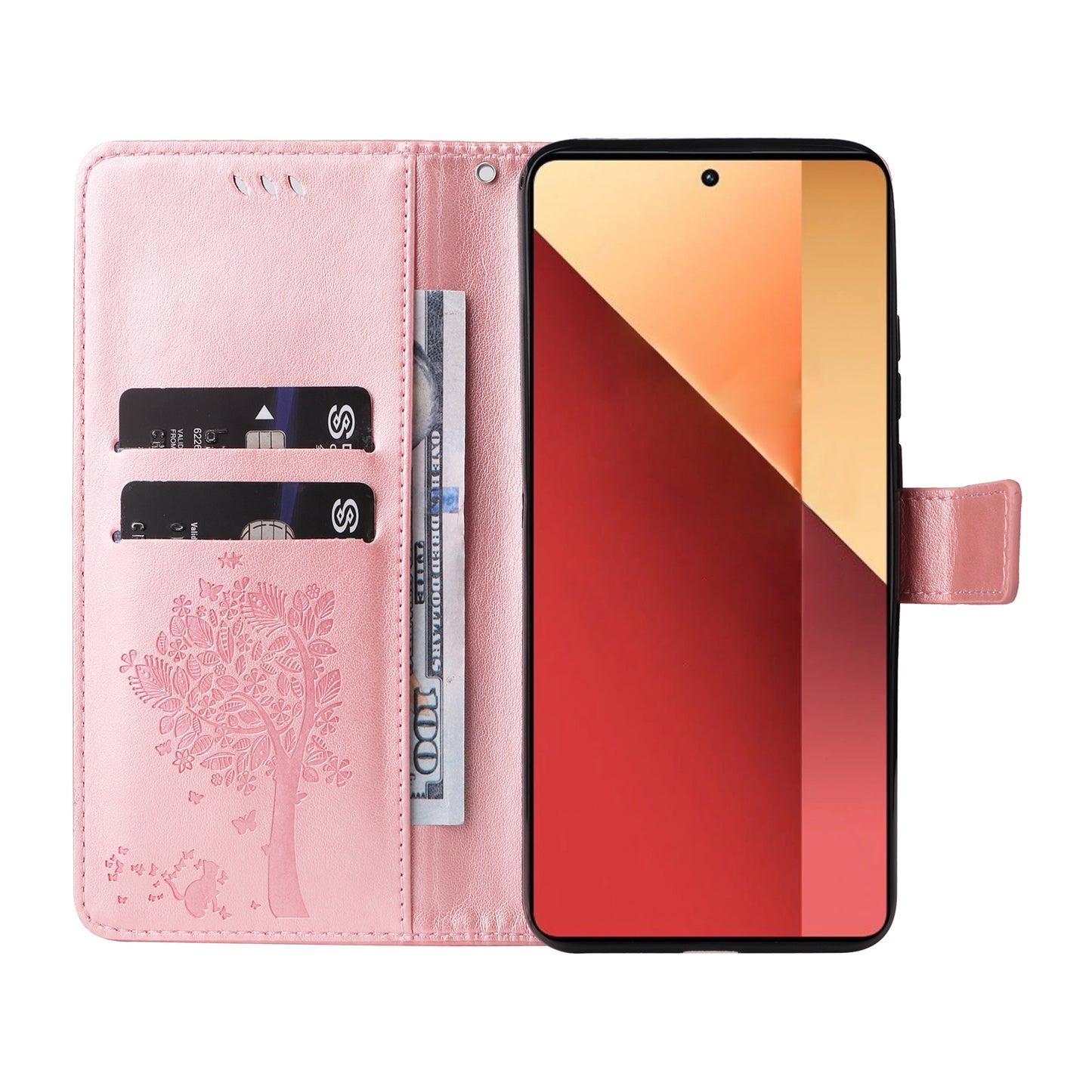 KT Imprinting Flower Series-3 For Xiaomi Redmi Note 13 Pro 4G / Poco M6 Pro 4G Case Cat Tree Pattern Wallet Cover - Rose Gold