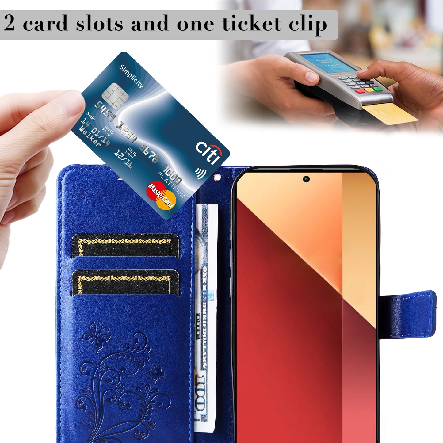 KT Imprinting Flower Series-2 For Xiaomi Redmi Note 13 Pro 4G / Poco M6 Pro 4G Case with Wrist Strap Leather Cover - Blue
