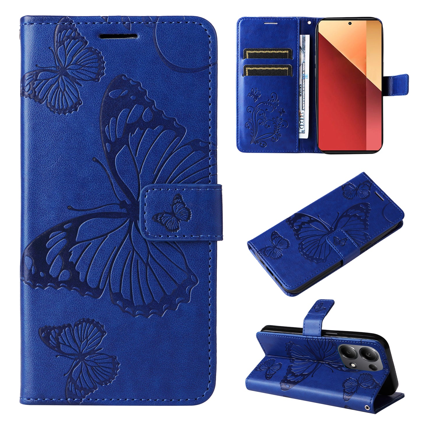 KT Imprinting Flower Series-2 For Xiaomi Redmi Note 13 Pro 4G / Poco M6 Pro 4G Case with Wrist Strap Leather Cover - Blue
