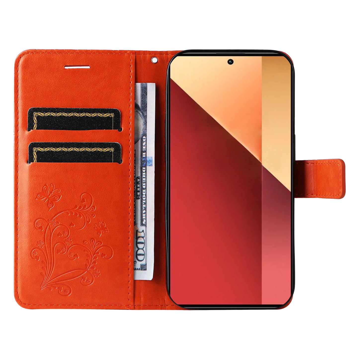 KT Imprinting Flower Series-2 For Xiaomi Redmi Note 13 Pro 4G / Poco M6 Pro 4G Case with Wrist Strap Leather Cover - Orange