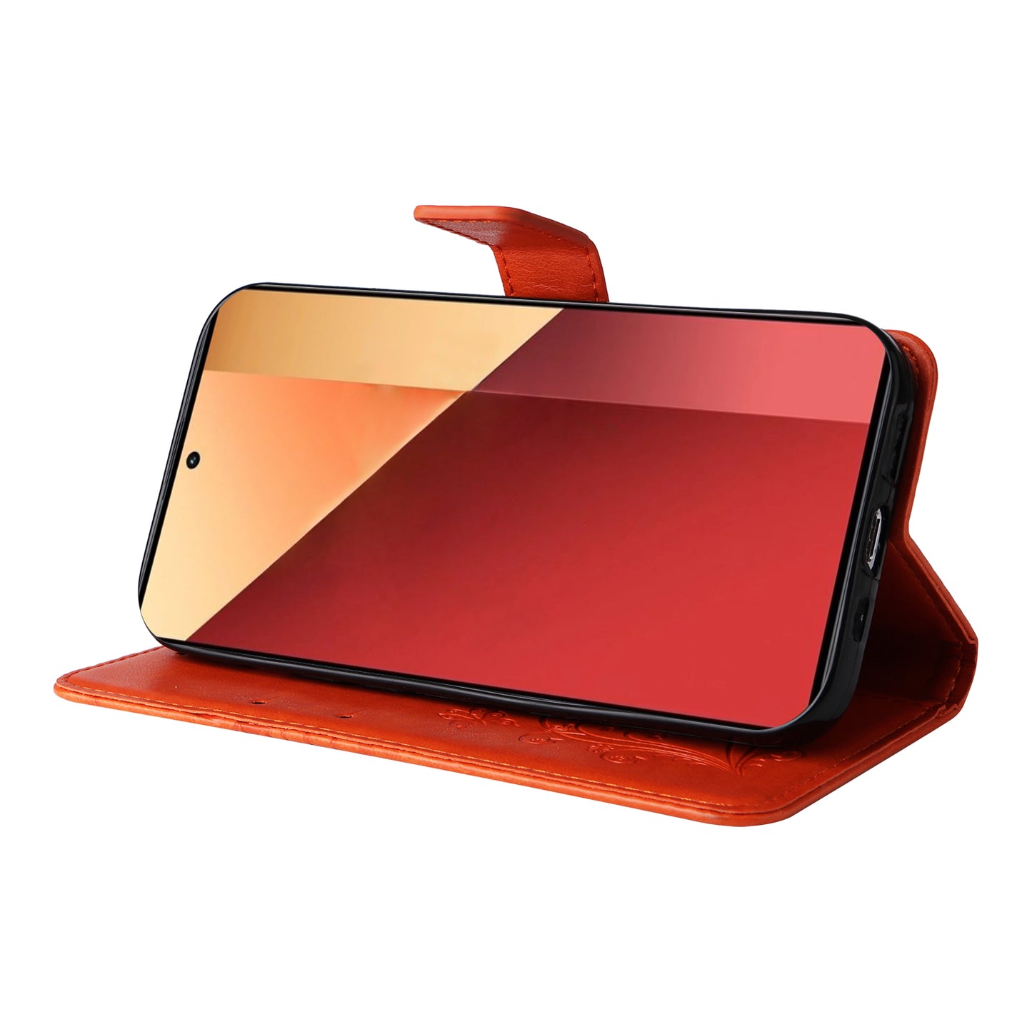 KT Imprinting Flower Series-2 For Xiaomi Redmi Note 13 Pro 4G / Poco M6 Pro 4G Case with Wrist Strap Leather Cover - Orange