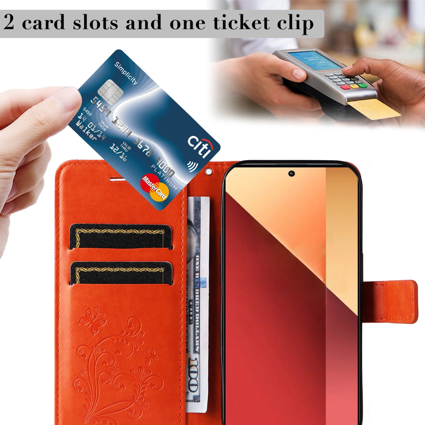 KT Imprinting Flower Series-2 For Xiaomi Redmi Note 13 Pro 4G / Poco M6 Pro 4G Case with Wrist Strap Leather Cover - Orange